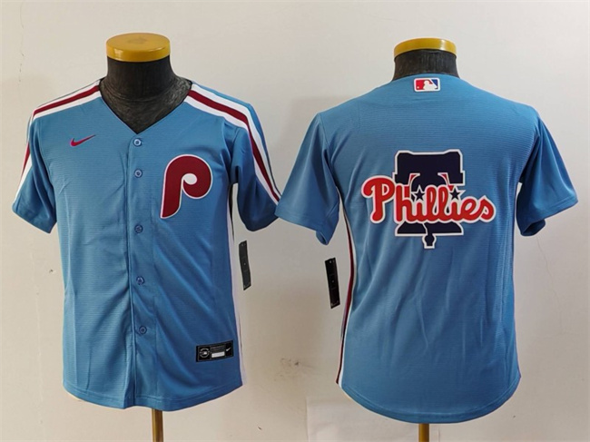 Youth Philadelphia Phillies Team Big Logo Blue Cool Base Stitched Baseball Jersey